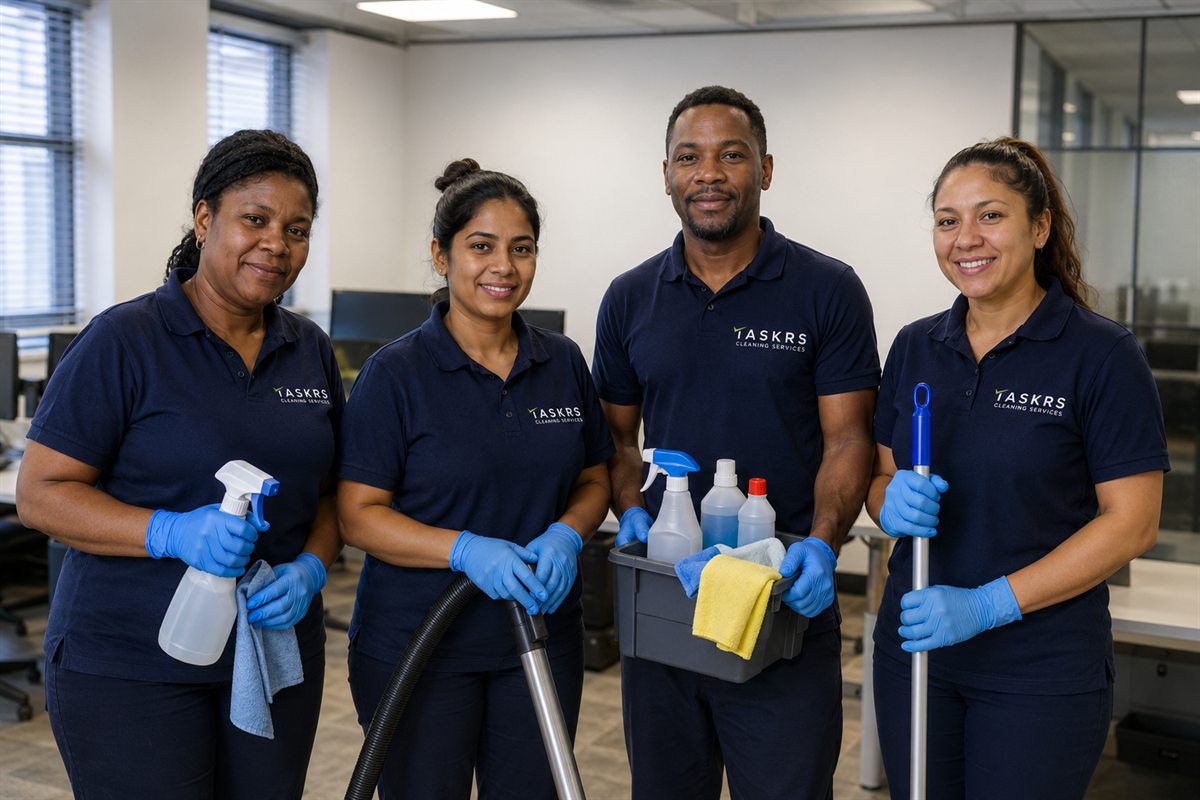 Professional cleaners in Taskrs Cleaning Services uniform